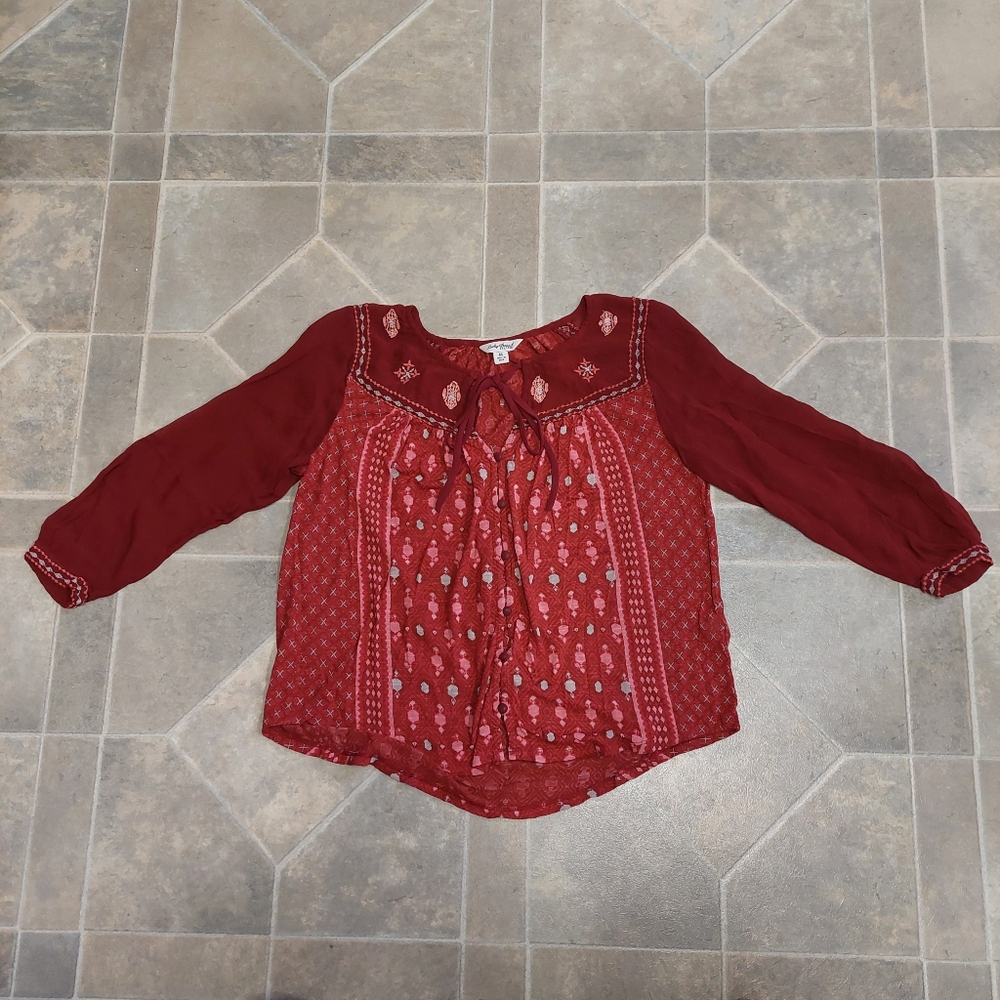 Lucky Brand Womens Long Sleeve Red Boho Peasant Sheer Polyester Blouse Medium